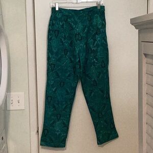 Adini Teal Green print trousers, size small, cotton and rayon, tapered leg.